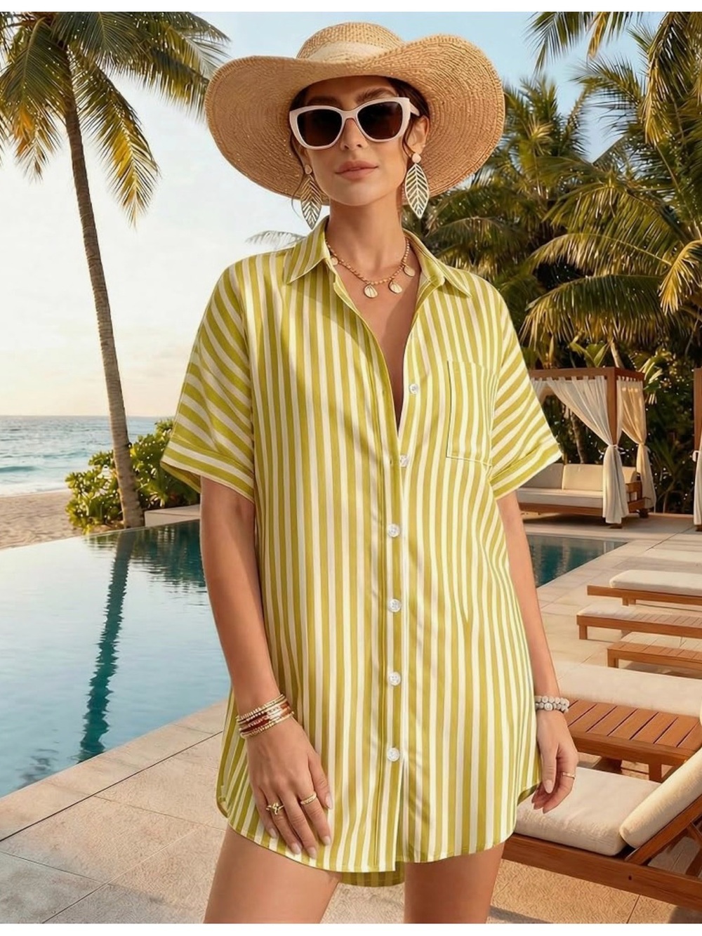 NWT Greenish Yellow Striped Button-Up Shirt Coverup-S